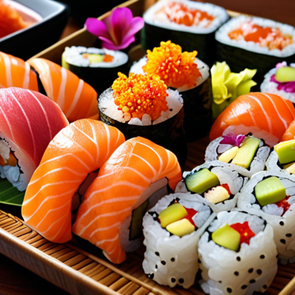 **Prompt:** Close-up of beautifully arranged sushi platter, vibrant colors, edible flowers, sesame seeds, perfect presentation.