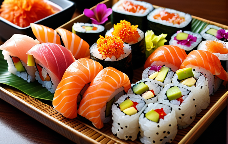 **Prompt:** Close-up of beautifully arranged sushi platter, vibrant colors, edible flowers, sesame seeds, perfect presentation.