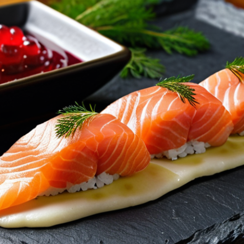 **

"Sushi featuring gravlax (cured salmon) and dill, presented on a slate plate with a side of lingonberry sauce. Close-up, elegant plating."

**