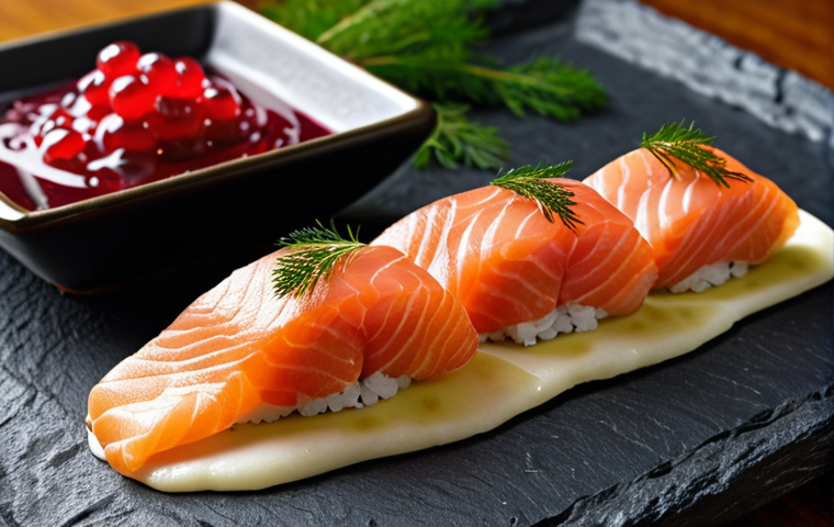 **

"Sushi featuring gravlax (cured salmon) and dill, presented on a slate plate with a side of lingonberry sauce. Close-up, elegant plating."

**