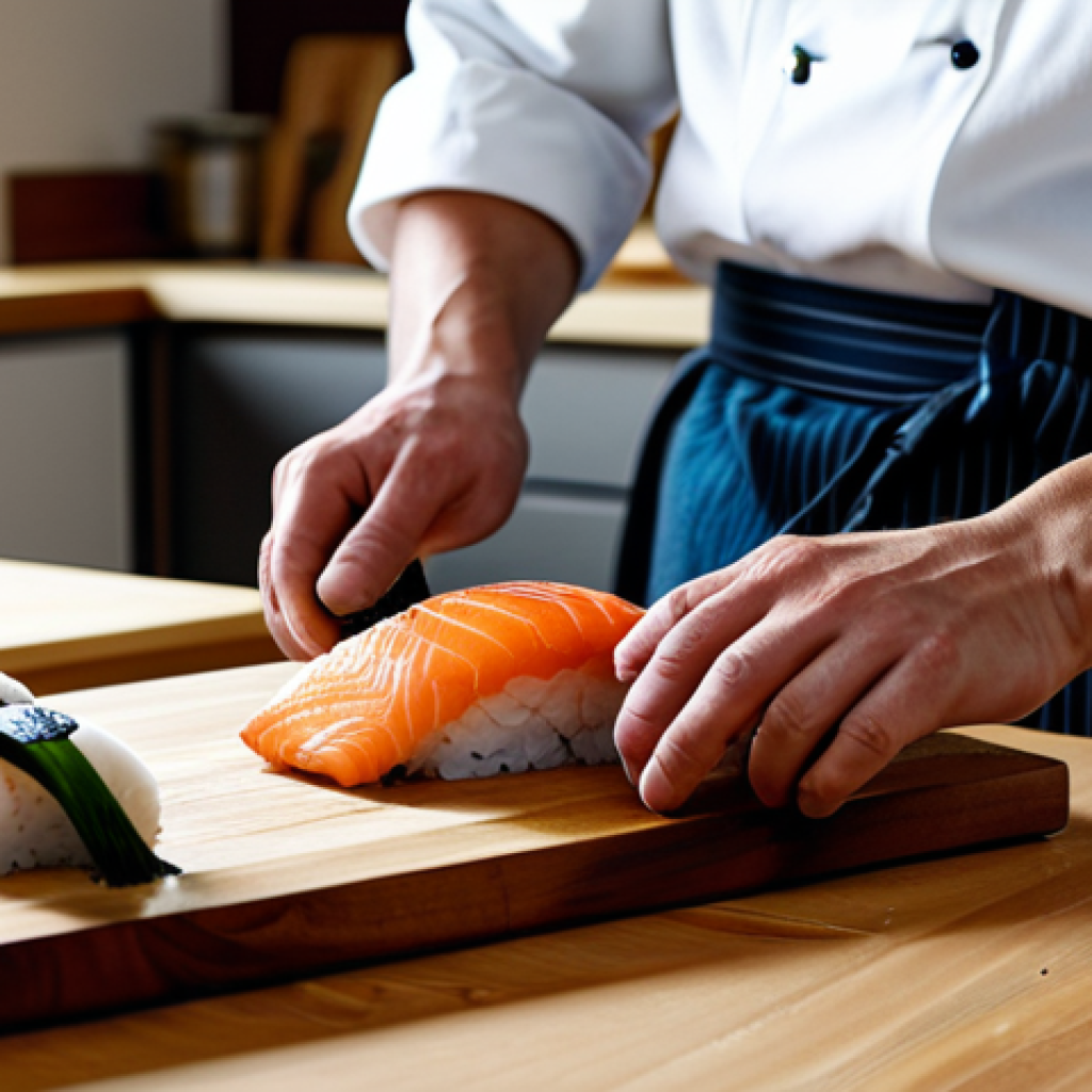 A professional Japanese sushi chef in traditional, modest chef attire, meticulously preparing nigiri with freshly caught, sustainable Swedish salmon from Bohuslän. The chef's hands are precisely slicing the fish over a wooden cutting board in a clean, minimalist kitchen setting with natural light. The scene emphasizes dedication and respect for the ingredients. The image should convey professionalism and high culinary skill.
    *   **Safety Modifiers**: fully clothed, appropriate attire, safe for work, appropriate content, professional dress, professional.
    *   **Anatomy Modifiers**: perfect anatomy, correct proportions, natural pose, well-formed hands, proper finger count, natural body proportions.
    *   **Quality Modifiers**: high-quality professional photography, studio lighting, sharp focus, vibrant colors, detailed textures.