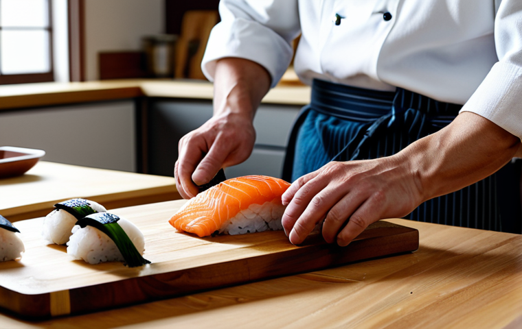 A professional Japanese sushi chef in traditional, modest chef attire, meticulously preparing nigiri with freshly caught, sustainable Swedish salmon from Bohuslän. The chef's hands are precisely slicing the fish over a wooden cutting board in a clean, minimalist kitchen setting with natural light. The scene emphasizes dedication and respect for the ingredients. The image should convey professionalism and high culinary skill.
    *   **Safety Modifiers**: fully clothed, appropriate attire, safe for work, appropriate content, professional dress, professional.
    *   **Anatomy Modifiers**: perfect anatomy, correct proportions, natural pose, well-formed hands, proper finger count, natural body proportions.
    *   **Quality Modifiers**: high-quality professional photography, studio lighting, sharp focus, vibrant colors, detailed textures.