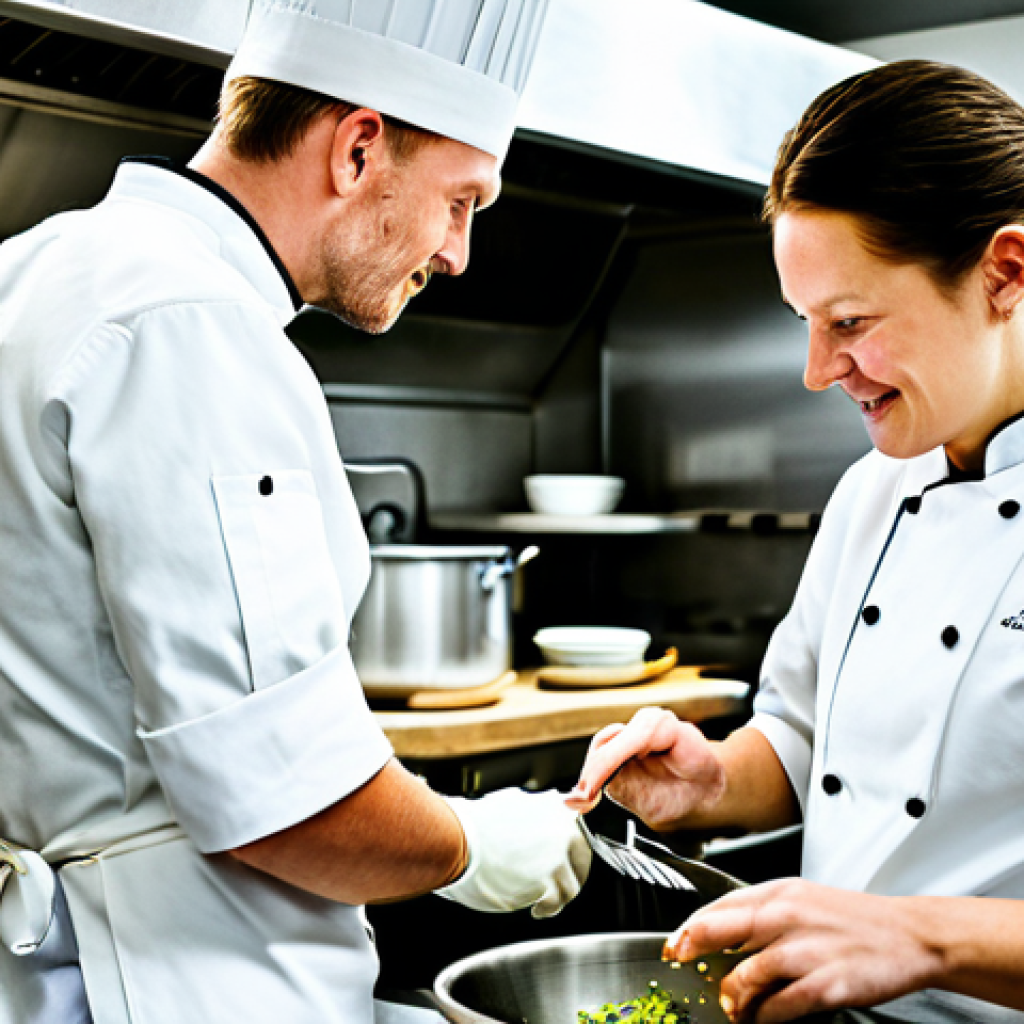 Kitchen Culture & Collaboration**

"A busy, vibrant kitchen scene in a Stockholm restaurant.  A chef, mid-career, wearing a clean, professional chef's coat, assisting a younger cook. Stainless steel surfaces gleam. Focus on teamwork and mentorship.  Safe for work, appropriate content, fully clothed, professional, high-quality, perfect anatomy, natural proportions, well-lit, modern Scandinavian design."

**