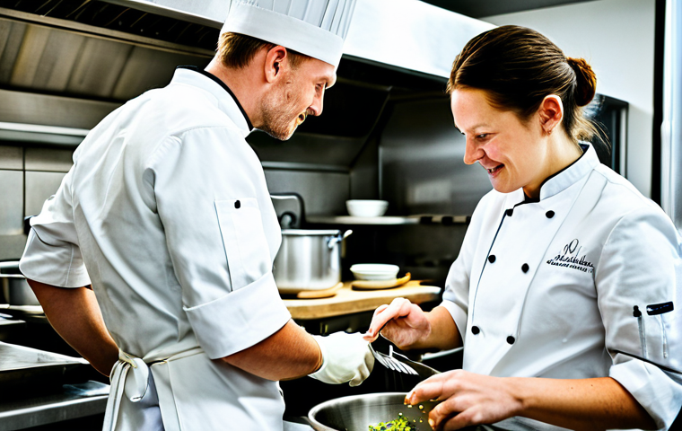 Kitchen Culture & Collaboration**

"A busy, vibrant kitchen scene in a Stockholm restaurant.  A chef, mid-career, wearing a clean, professional chef's coat, assisting a younger cook. Stainless steel surfaces gleam. Focus on teamwork and mentorship.  Safe for work, appropriate content, fully clothed, professional, high-quality, perfect anatomy, natural proportions, well-lit, modern Scandinavian design."

**