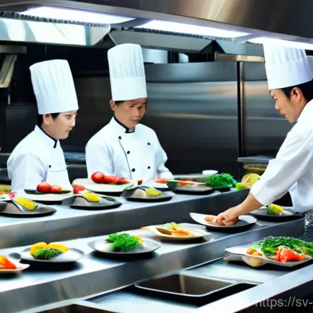 일식조리사 커뮤니케이션 스킬 - **The Silent Symphony of the Japanese Kitchen**
    A wide shot of a bustling yet serene Japanese re...