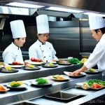 일식조리사 커뮤니케이션 스킬 - **The Silent Symphony of the Japanese Kitchen**
    A wide shot of a bustling yet serene Japanese re...