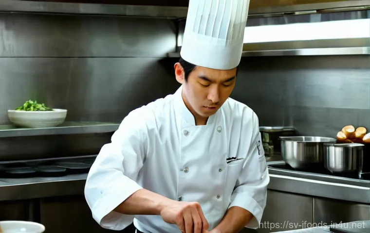 일식조리사 커뮤니케이션 스킬 - **The Silent Symphony of the Japanese Kitchen**
    A wide shot of a bustling yet serene Japanese re...