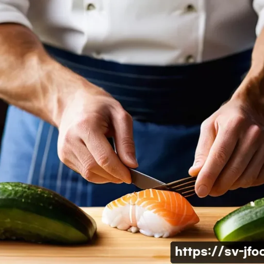 일식조리사 업무 중 자주 겪는 사례 - **Prompt:** A highly skilled and focused Swedish sushi chef, mid-action, meticulously slicing a pris...
