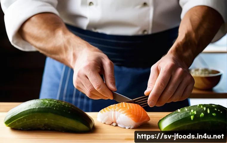 일식조리사 업무 중 자주 겪는 사례 - **Prompt:** A highly skilled and focused Swedish sushi chef, mid-action, meticulously slicing a pris...