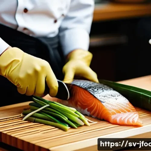 Home 29 일식조리 기능사 실무 연습 팁 - A highly detailed close-up scene of a professional Japanese kitchen workspace focused on a chef’s ha...