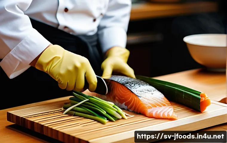 일식조리 기능사 실무 연습 팁 - A highly detailed close-up scene of a professional Japanese kitchen workspace focused on a chef’s ha...