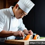 Home 16 일식조리사와 협업하는 법 - A skilled sushi chef in a modern Scandinavian kitchen, focused on the precise cutting of fresh fish ...