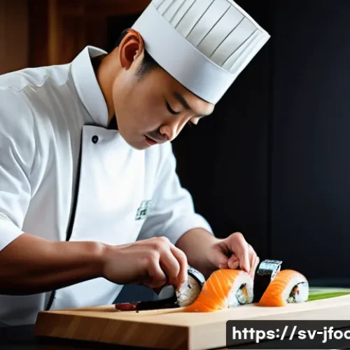 Home 28 일식조리사와 협업하는 법 - A skilled sushi chef in a modern Scandinavian kitchen, focused on the precise cutting of fresh fish ...