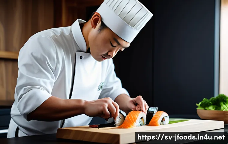 일식조리사와 협업하는 법 - A skilled sushi chef in a modern Scandinavian kitchen, focused on the precise cutting of fresh fish ...