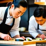 Home 21 일식조리사 근무지별 차이점 - A traditional Japanese sushi restaurant kitchen in Stockholm, Sweden, featuring a group of sushi che...