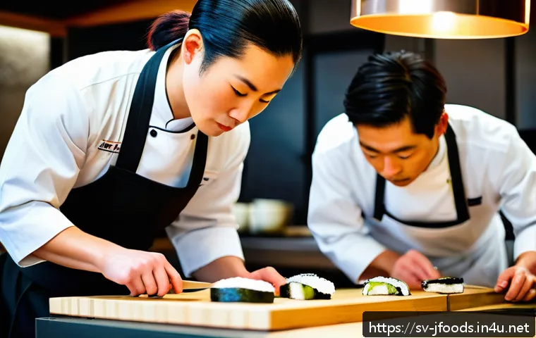 일식조리사 근무지별 차이점 - A traditional Japanese sushi restaurant kitchen in Stockholm, Sweden, featuring a group of sushi che...