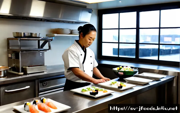 일식조리사 근무 중 스트레스 관리 - Photorealistic Swedish Japanese restaurant kitchen, calm adult sushi chef in clean professional unif...